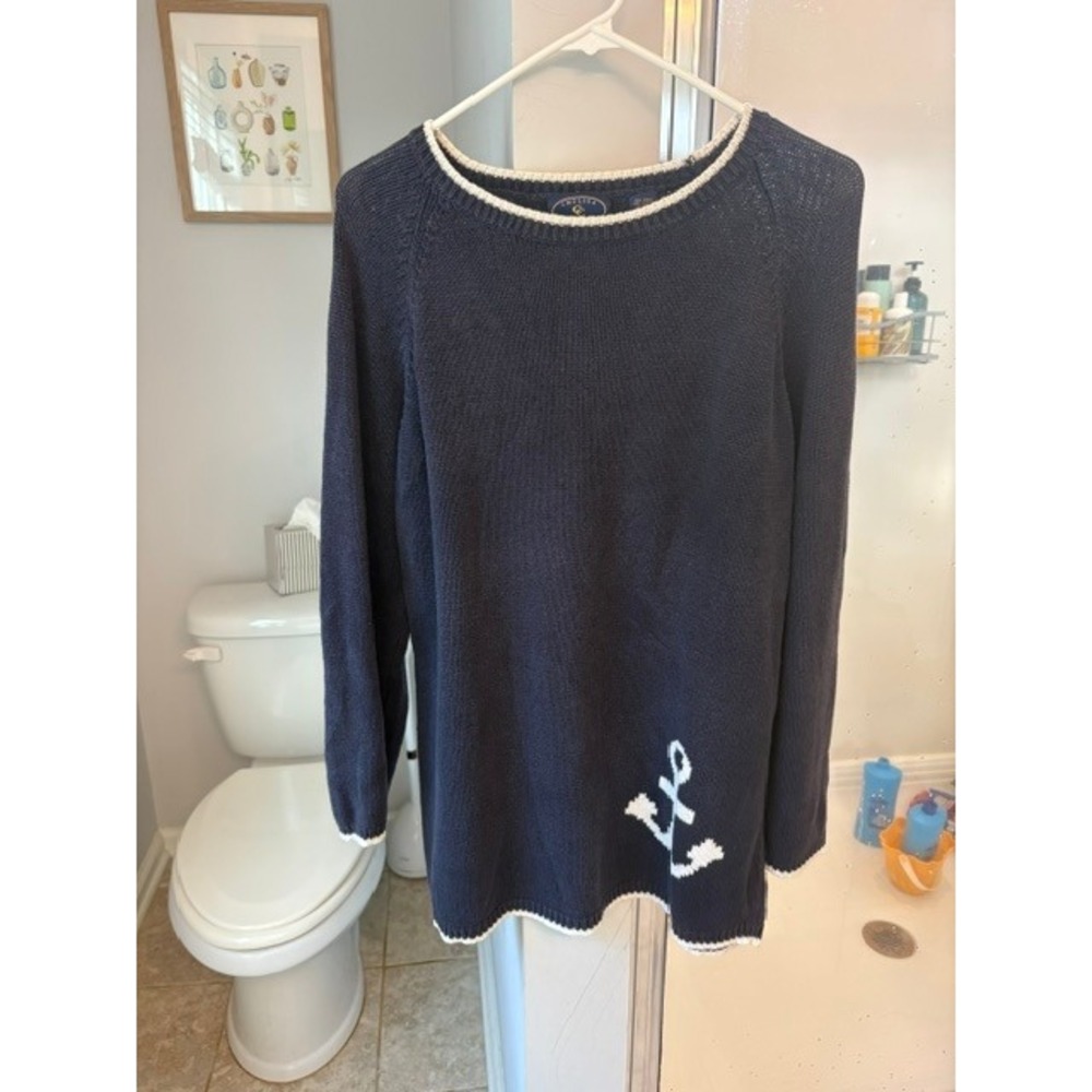 Chelsea Campbell Navy Blue Anchor Nautical Knit Sweater Ramie Cotton Small